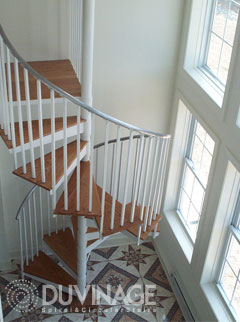 Duvinage Chicago Spiral Stair Kit with Wood Customization and Finished in White Powder Coat
