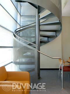 steel spiral stair with perforated rail infill